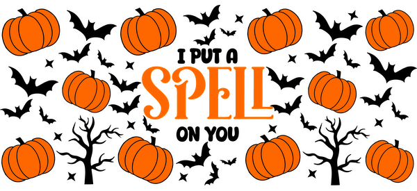 A festive design featuring the word "SPELL" highlighted among playful pumpkin illustrations, capturing the essence of autumn and Halloween.UV Transfers heat press transfers