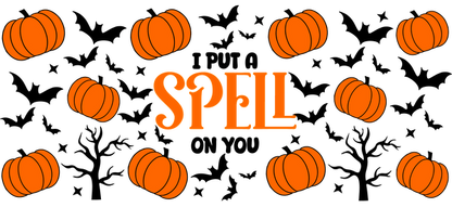 A festive design featuring the word "SPELL" highlighted among playful pumpkin illustrations, capturing the essence of autumn and Halloween.UV Transfers heat press transfers