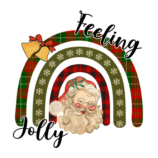 A cheerful Santa Claus illustration framed by a festive plaid rainbow and holiday bells, perfect for Christmas decorations. heat press transfers