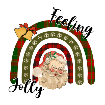 A cheerful Santa Claus illustration framed by a festive plaid rainbow and holiday bells, perfect for Christmas decorations. heat press transfers