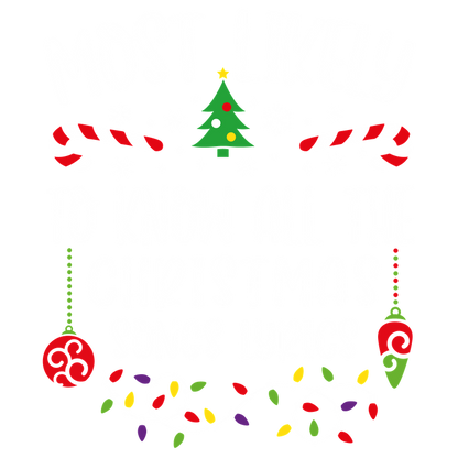 Festive design featuring the phrase "Most Likely to Know All the Christmas Songs Lyrics," adorned with Christmas elements like trees, candy canes, and lights.DTF Transfers heat press transfersdtf regular iron