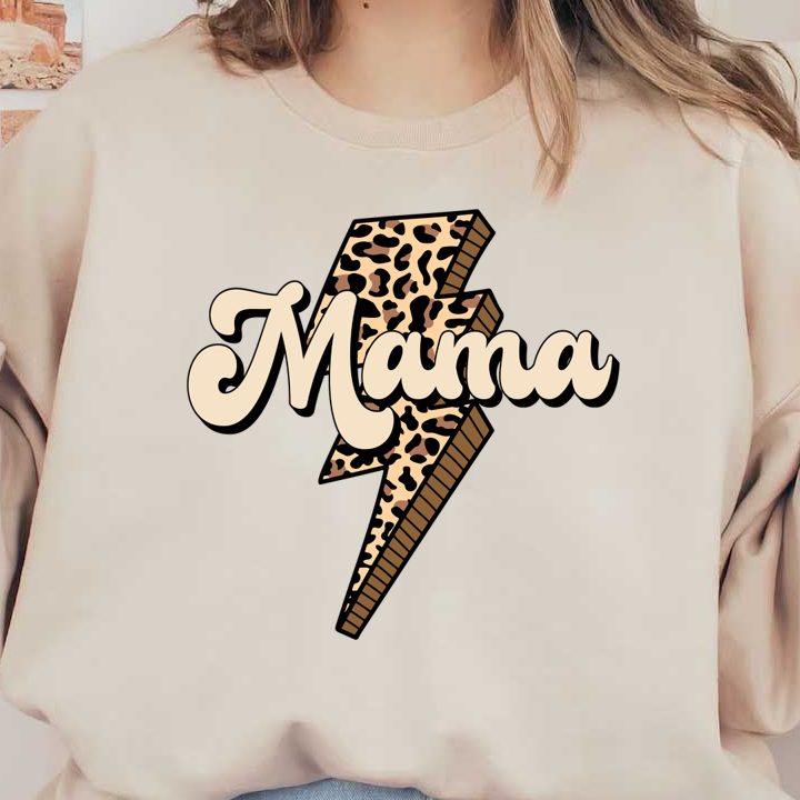 Bold "Mama" text featuring a stylish leopard print lightning bolt design for a fun and trendy look. heat press transfers