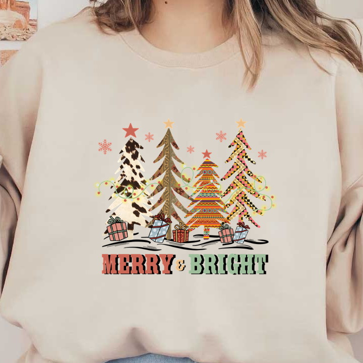 A festive illustration featuring colorful Christmas trees, gifts, and the cheerful phrase "Merry & Bright" surrounded by decorative elements. heat press transfers