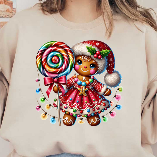 A cheerful gingerbread character dressed in a festive red dress, holding a giant colorful lollipop and adorned with holiday decorations.DTF Transfers heat press transfers