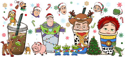 Festively designed cup characters inspired by beloved animated toys, featuring playful holiday elements like candy canes and Christmas trees.UV Transfers heat press transfers