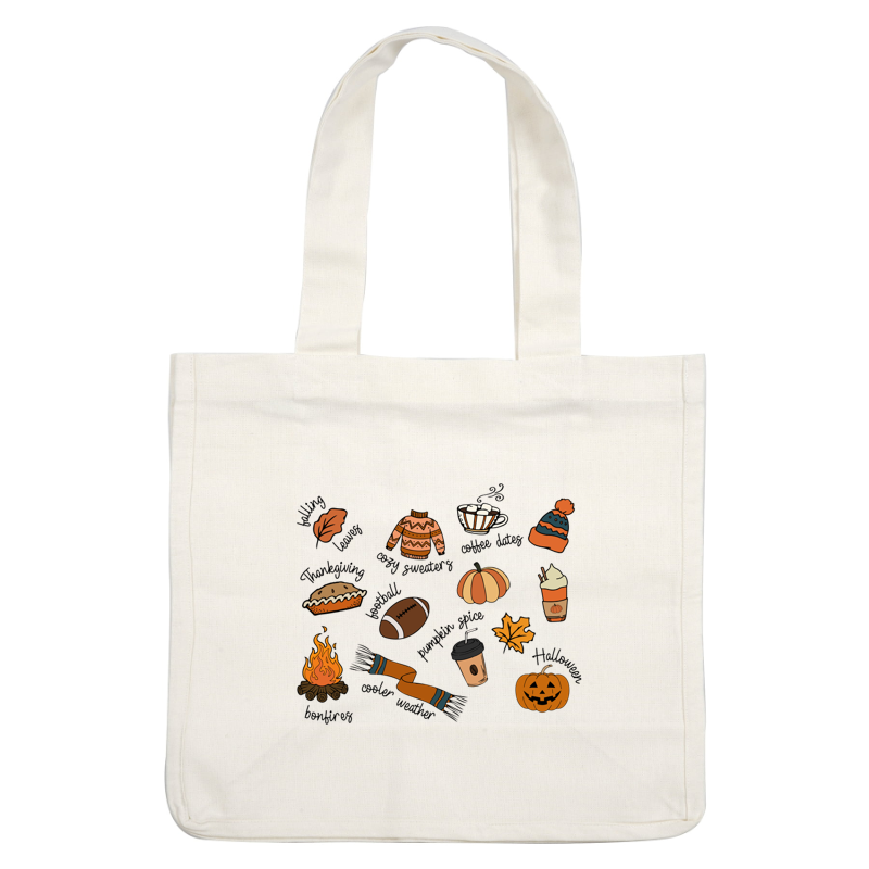 A charming collection of fall-themed illustrations, featuring cozy sweaters, pumpkin treats, hot drinks, and festive decorations. dtf transfers