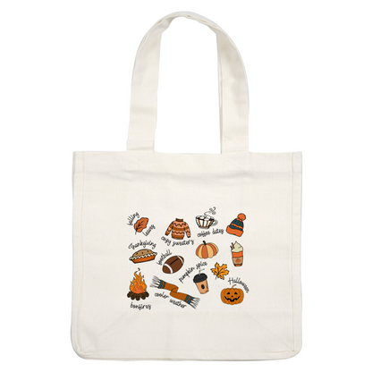 A charming collection of fall-themed illustrations, featuring cozy sweaters, pumpkin treats, hot drinks, and festive decorations. dtf transfers