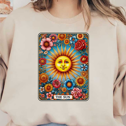 Ilustración brillante y colorida que presenta un sol sonriente rodeado de flores vibrantes, titulada "EL SOL" en la parte inferior.