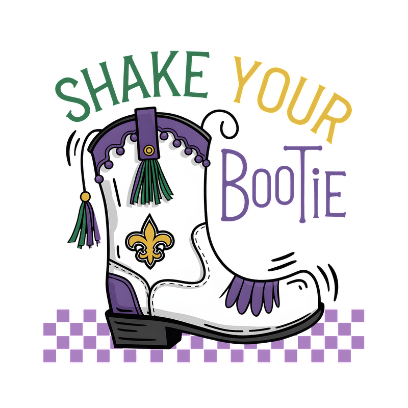 Lively illustration of a decorated white boot with purple and green accents, featuring the playful phrase "Shake Your Bootie."DTF Transfers