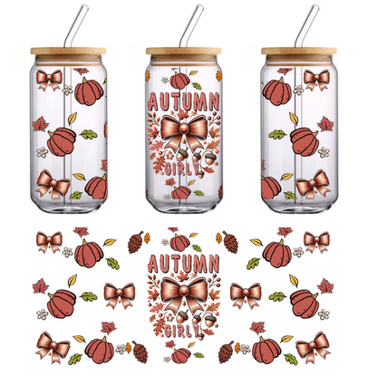 A charming autumn-themed design featuring pumpkins, bows, and leaves, all beautifully arranged with warm, seasonal colors.UV Transfers heat press transfers