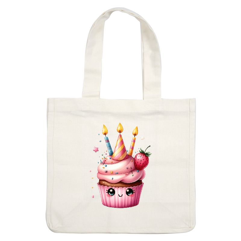 A cheerful cupcake topped with pink frosting, colorful sprinkles, and three birthday candles, accompanied by a fresh strawberry.DTF Transfers