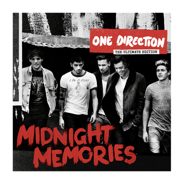 One Direction's "Midnight Memories: The Ultimate Edition" album cover features the band in a stylish black-and-white photo with bold red text.DTF Transfers dtf transfers