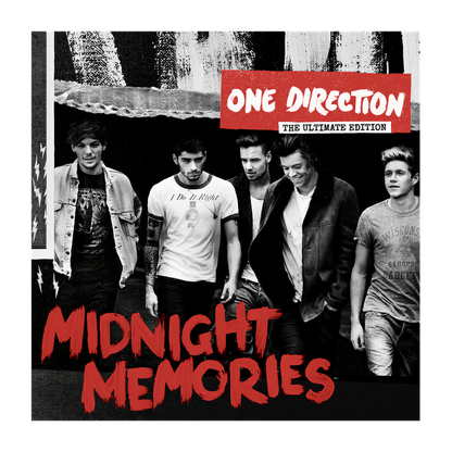 One Direction's "Midnight Memories: The Ultimate Edition" album cover features the band in a stylish black-and-white photo with bold red text.DTF Transfers dtf transfers