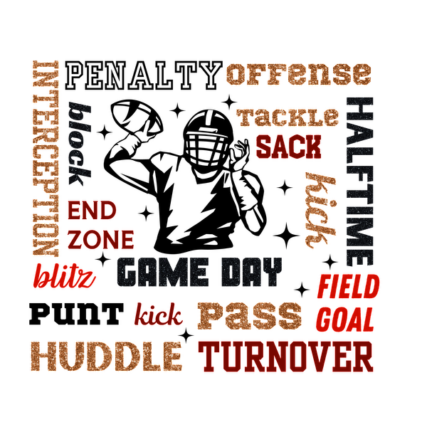 A vibrant word cloud featuring football-related terms like "interception," "end zone," and "field goal," showcasing the sport's key concepts.dtf regular iron