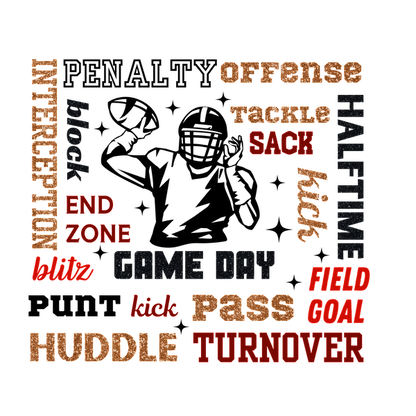 A vibrant word cloud featuring football-related terms like "interception," "end zone," and "field goal," showcasing the sport's key concepts.dtf regular iron