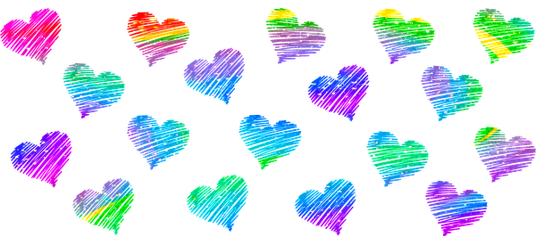 A vibrant assortment of colorful, hand-drawn hearts in various patterns and shades, celebrating love and creativity.UV Transfersdtf regular iron