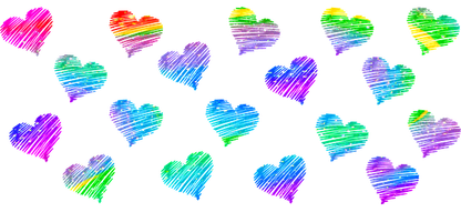 A vibrant assortment of colorful, hand-drawn hearts in various patterns and shades, celebrating love and creativity.UV Transfersdtf regular iron