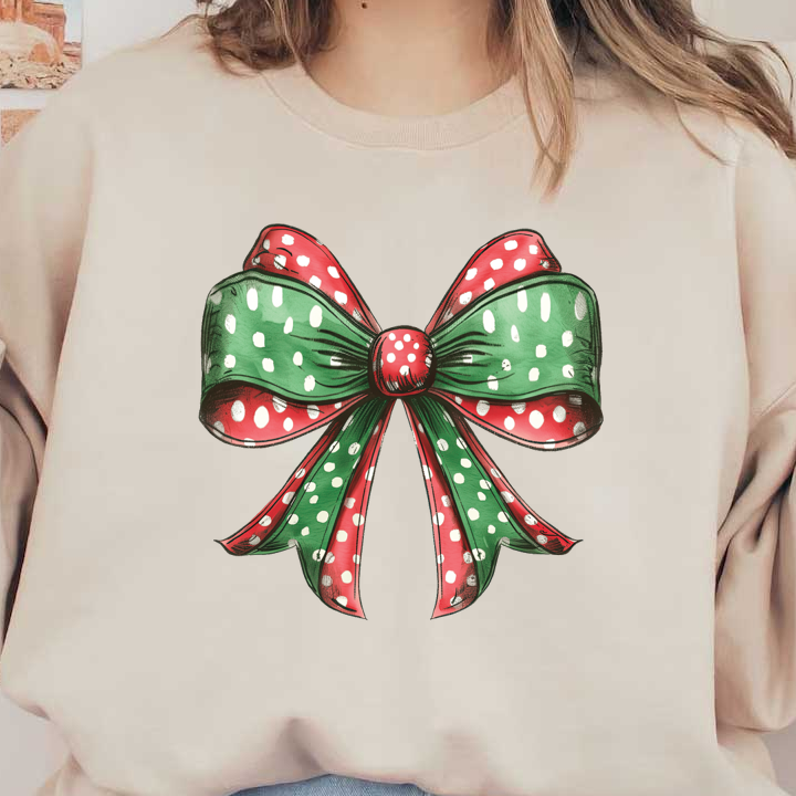 A cheerful holiday bow featuring red and green fabric with white polka dots, perfect for festive decorations. dtf prints