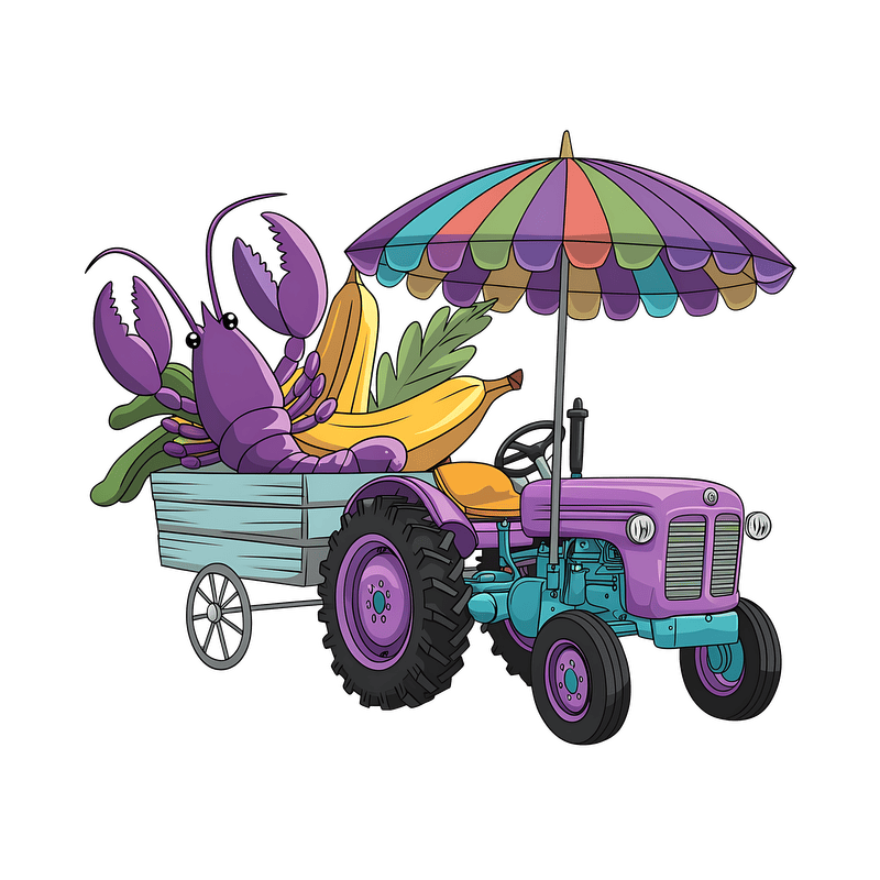 A colorful cartoon tractor hauling vibrant fruits and vegetables, topped with an eye-catching striped umbrella for a lively touch.DTF Transfers