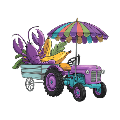 A colorful cartoon tractor hauling vibrant fruits and vegetables, topped with an eye-catching striped umbrella for a lively touch.DTF Transfers