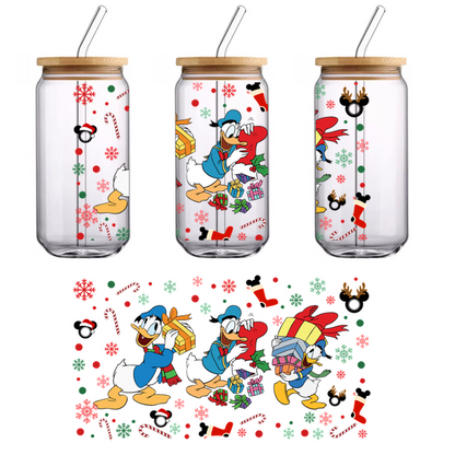 A cheerful illustration featuring Donald Duck and friends joyfully carrying colorful gifts surrounded by festive decorations.UV Transfersdtf regular iron