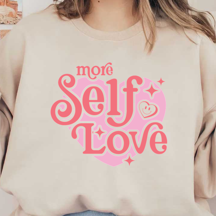 Un diseño de corazón rosa vibrante que presenta la frase "Más amor propio" en letras divertidas y atrevidas.