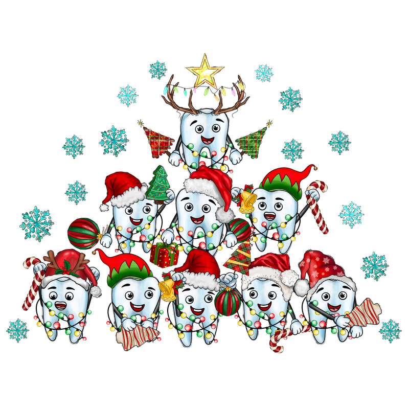 A cheerful illustration of festive cartoon teeth wearing Santa hats, surrounded by Christmas decorations and snowflakes, spreading holiday joy!DTF Transfers dtf transfers dtf transfers