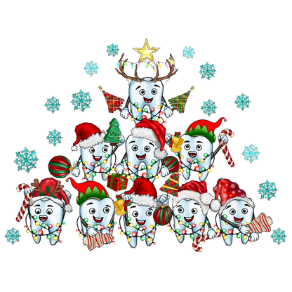 A cheerful illustration of festive cartoon teeth wearing Santa hats, surrounded by Christmas decorations and snowflakes, spreading holiday joy!DTF Transfers dtf transfers dtf transfers