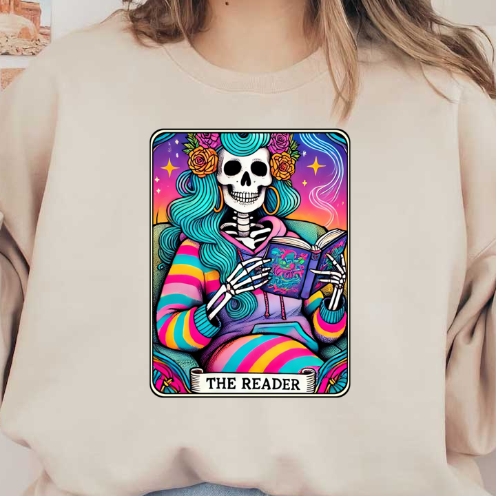 A colorful illustration of a skeleton reading a book, adorned with vibrant blue hair and roses, titled "The Reader." dtf transfers