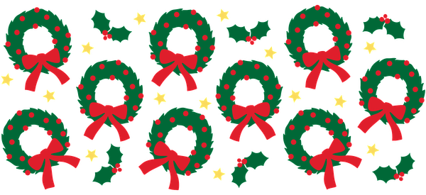 A festive pattern featuring green Christmas wreaths adorned with red bows, berries, and holly leaves, perfect for holiday decor.UV Transfers dtf prints