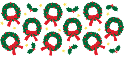 A festive pattern featuring green Christmas wreaths adorned with red bows, berries, and holly leaves, perfect for holiday decor.UV Transfers dtf prints