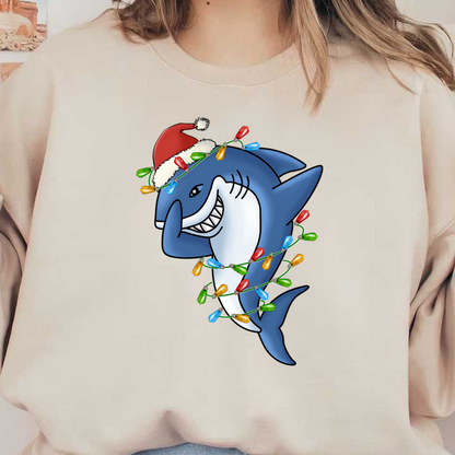 A playful cartoon shark wearing a Santa hat and decorated with colorful Christmas lights, exuding festive cheer. heat press transfers