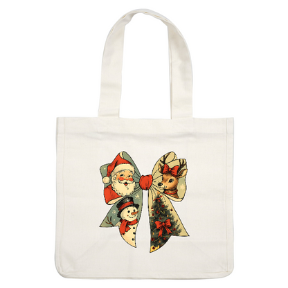 A festive ribbon features Santa, a snowman, a deer, and a Christmas tree.DTF Transfers