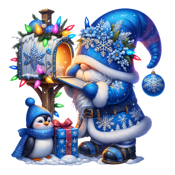 A whimsical winter scene featuring a gnome in a blue, snowy outfit, checking a festive mailbox with a cheerful penguin nearby.DTF Transfers dtf prints