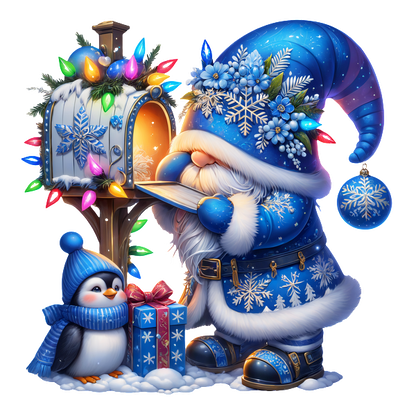 A whimsical winter scene featuring a gnome in a blue, snowy outfit, checking a festive mailbox with a cheerful penguin nearby.DTF Transfers dtf prints