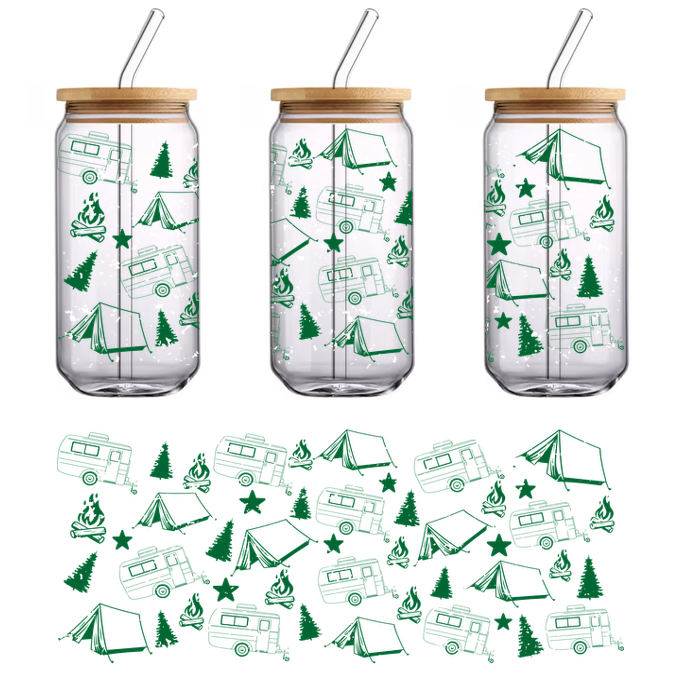 A vibrant pattern featuring green camping trailers, tents, and trees, perfect for outdoor enthusiasts and camping lovers.UV Transfers dtf prints