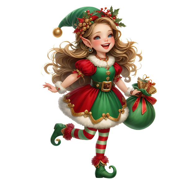 A cheerful elf girl in a festive red and green outfit, holding a bag of gifts with a playful smile.DTF Transfers dtf prints