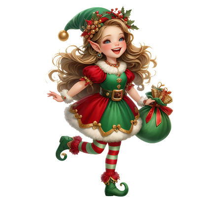 A cheerful elf girl in a festive red and green outfit, holding a bag of gifts with a playful smile.DTF Transfers dtf prints