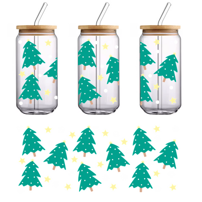 A whimsical illustration of teal Christmas trees adorned with white polka dots and scattered gold stars against a dark background.UV Transfers dtf transfers