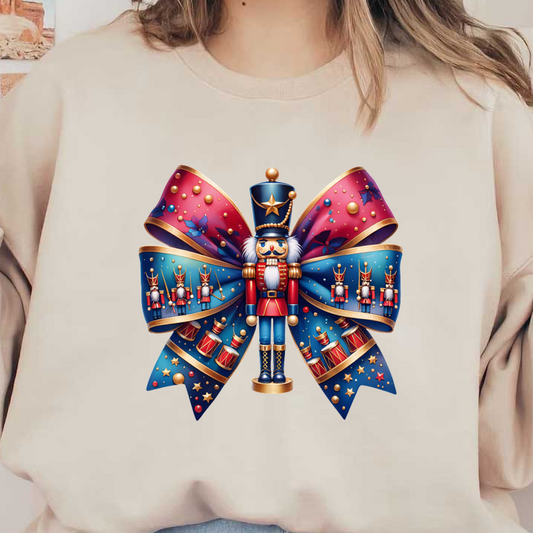 A festive nutcracker figurine stands center stage, adorned with a vibrant blue and red bow featuring toy soldiers and drums. heat press transfers