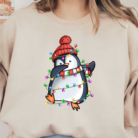 A cheerful penguin wrapped in colorful holiday lights, wearing a red beanie and scarf, ready for festive celebrations!dtf regular iron