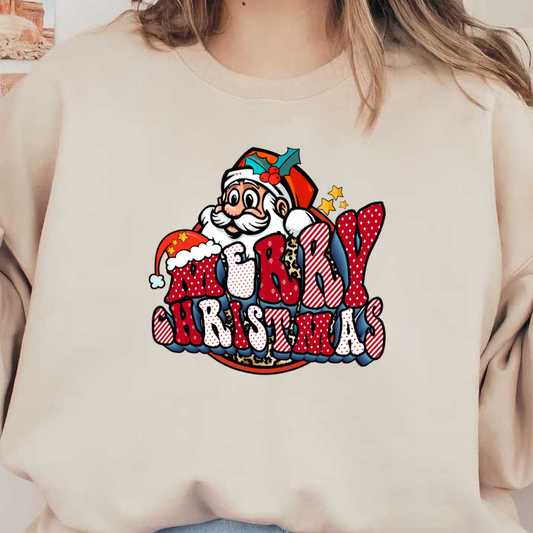 A cheerful cartoon Santa Claus surrounded by colorful "MERRY CHRISTMAS" lettering, featuring festive patterns and stars. heat press transfers