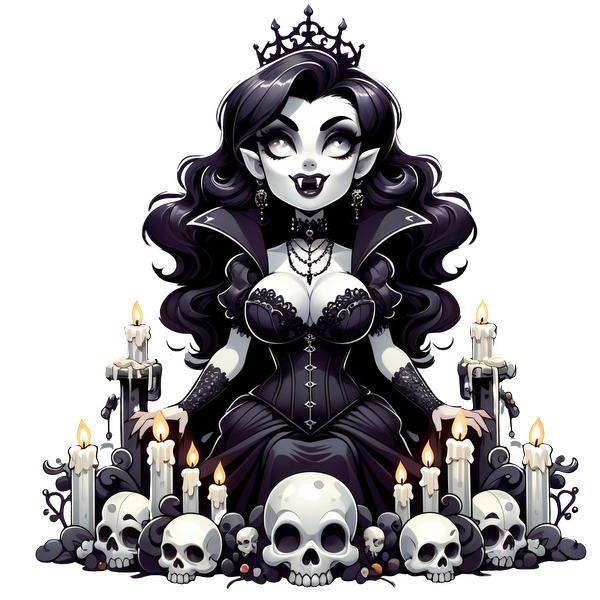 Una glamorosa diosa vampiro adornada con un vestido negro, rodeada de calaveras y velas parpadeantes, irradiando elegancia oscura.