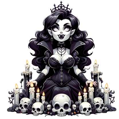 Una glamorosa diosa vampiro adornada con un vestido negro, rodeada de calaveras y velas parpadeantes, irradiando elegancia oscura.