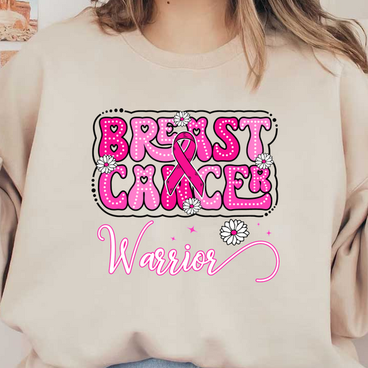 Un diseño vibrante que presenta "Guerrero contra el cáncer de mama" en rosa con una cinta y detalles florales, que simbolizan fuerza y ​​apoyo.