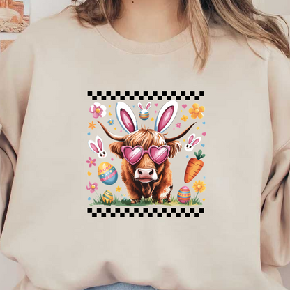 This whimsical illustration features a Highland cow wearing heart-shaped sunglasses, surrounded by colorful Easter decorations like eggs, flowers, and carrots.DTF Transfers