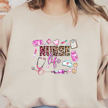 A vibrant and fun design celebrating "Nurse Life," featuring medical equipment, playful colors, and a stylish leopard print text.DTF Transfers