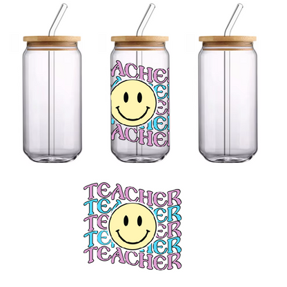 A graphic student backpack features a happy yellow face and the word "teacher" in bright colors.UV Transfers