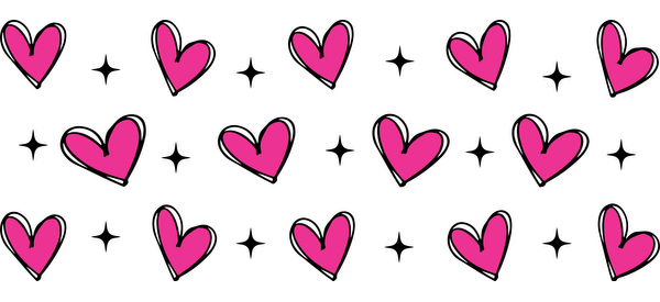 A cheerful pattern featuring vibrant pink hearts scattered on a black background, perfect for adding a touch of love!UV Transfers heat press transfers