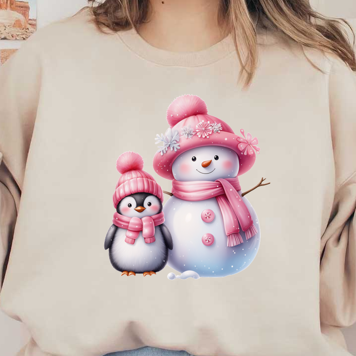 Adorable penguin and snowman duo, both dressed in cozy pink hats and scarves, bringing festive cheer to winter! heat press transfers